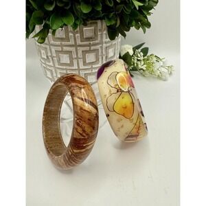 Vintage Lucite & Wood Bangle Bracelet Duo Boho 70s 80s Retro Gift Set Jewelry
